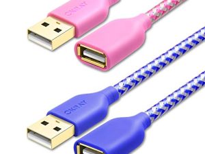 موسع USB ، OKRAY 2Pack 6 قدم كابل تمديد USB 2.0 من النوع A ذكر إلى أنثى ، كابل موسع لنقل البيانات مضفر من النايلون مع موصل مطلي بالذهب للطابعة ، لوحة مفاتيح / ماوس USB (أزرق وردي)