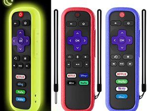 3 عبوات من جراب جهاز التحكم عن بعد لـ Roku ، وغطاء بطارية لجهاز TCL Roku Smart TV Steaming Stick Remote ، وغطاء تحكم عن بعد من السيليكون Roku TV ، وغطاء حماية عالمي يتوهج باللون الأصفر الداكن والأحمر والأزرق الداكن