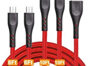 كابل Micro USB مضفر 10 أقدام و 10 أقدام و 6 أقدام و 6 أقدام و 6 أقدام وكابل شحن Android وسلك شاحن هاتف سريع مع مضفر نايلون طويل جدًا متوافق مع PS4 و Samsung Galaxy S7 Edge / S7 / S6 و Note 5 4 و LG (4pack)