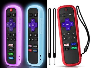 جراب مكون من 3 عبوات لجهاز التحكم عن بعد Roku ، وغطاء بطارية لجهاز التحكم عن بعد TCL Roku Smart TV Steaming Stick ، وغطاء تحكم عن بعد من السيليكون Roku TV ، وغطاء حماية عالمي يتوهج باللون الأزرق الداكن والأرجواني ، والأحمر غير متوهج