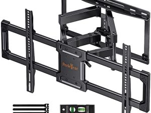 حامل حائط للتلفاز Perlegear Full Motion لشاشة منحنية مسطحة مقاس 37-82 بوصة تصل إلى 100 رطل ، وأزرار خشبية مقاس 12 بوصة / 16 بوصة ، وحامل تثبيت للتلفاز مع أذرع مفصلية مزدوجة ، ودوران ، وإمالة خالية من الأدوات ، بحد أقصى 600 × 400 مم
