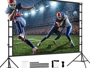 شاشة جهاز عرض مع حامل ، شاشة عرض أفلام داخلية وخارجية مقاس 150 بوصة بدقة 4K عالية الدقة 16: 9 تصميم خالٍ من التجاعيد لمشاهدة الأفلام في الفناء الخلفي (سهل التنظيف ، كسب 1.1 ، زاوية عرض 160 درجة وحقيبة حمل)