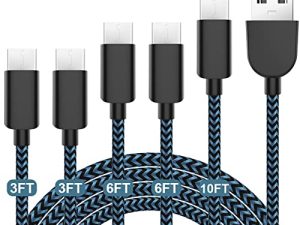 5 عبوات (3/3/6/6 / 10FT) شحن سريع 3A USB-C إلى USB-A كابل شاحن سريع سريع متوافق مع Samsung Galaxy S10 S9 S8 Plus ، Note 10 9 8 ، LG V50 V40 G8 G7 (أزرق)